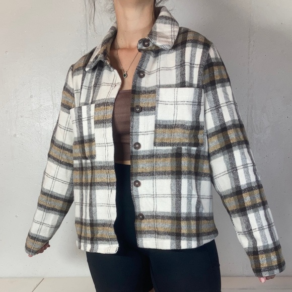 Neutral Tan + White Plaid Brushed Wool Style Cropped Shacket - Picture 3 of 10